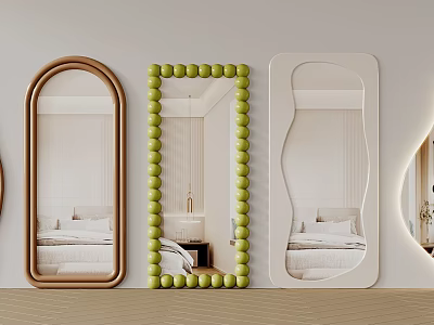 Decorative Mirrors With Brown White Frames Green Bead Details Reflecting Bedroom Scene 3d model
