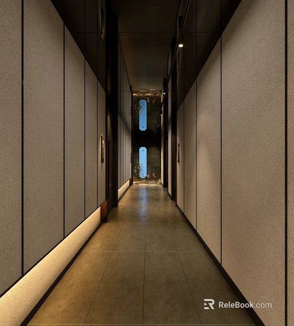 Hotel Corridor With Modern Wall Panels Ambient Lighting And Tile Floor 3d model 