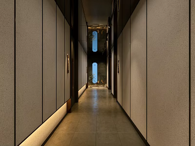 Hotel Corridor With Modern Wall Panels Ambient Lighting And Tile Floor 3d model