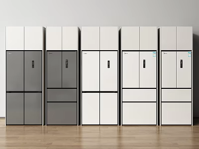 Multiple Modern Upright Refrigerators and Freezers in Gray White Colors Displayed Side by Side 3d model