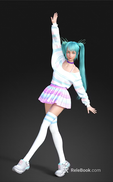 Woman With Long Turquoise Hair Striped White Top Pastel Pink Purple Skirt Striped Thigh High Socks Dancing Pose 3d model 