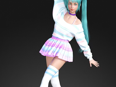 Woman With Long Turquoise Hair Striped White Top Pastel Pink Purple Skirt Striped Thigh High Socks Dancing Pose 3d model