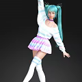 Woman With Long Turquoise Hair Striped White Top Pastel Pink Purple Skirt Striped Thigh High Socks Dancing Pose