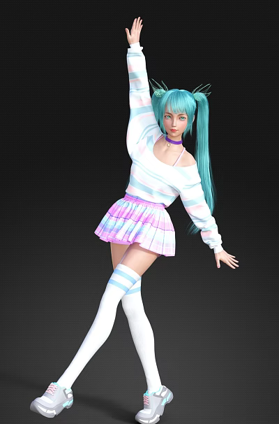 Woman With Long Turquoise Hair Striped White Top Pastel Pink Purple Skirt Striped Thigh High Socks Dancing Pose 3d model