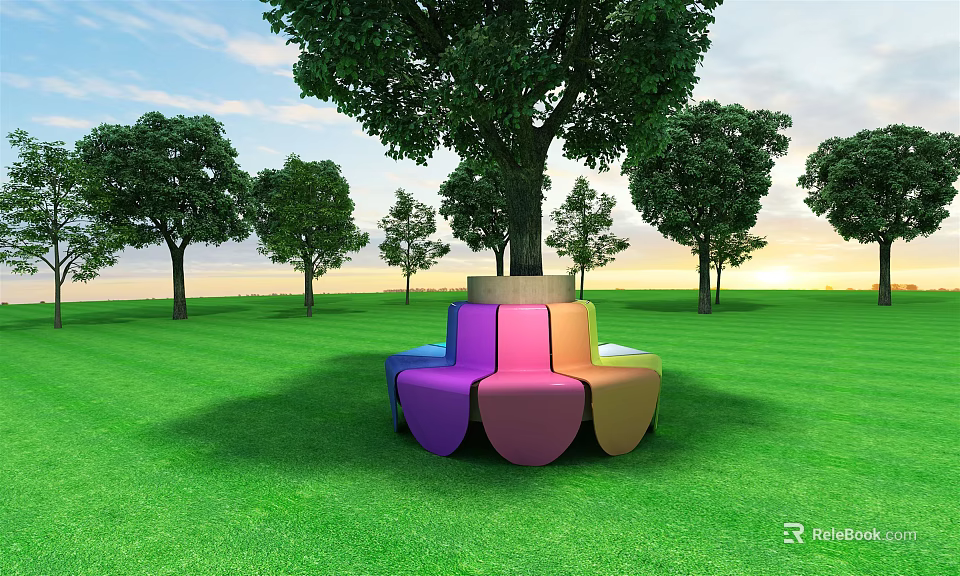 Colorful Curved Landscape Seat In Green Grassland With Trees And Blue Sky 3d model 