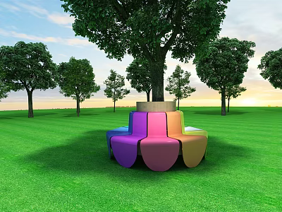 Colorful Curved Landscape Seat In Green Grassland With Trees And Blue Sky 3d model