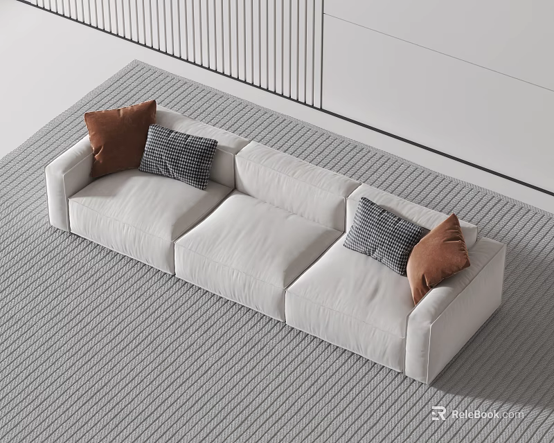 Modern White Sectional Sofa with Brown and Gray Checkered Cushions on Gray Rug 3d model 