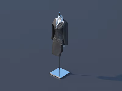 Mannequin Wearing Black Suit And White Shirt Standing On Silver Square Base Against Blue Background 3d model