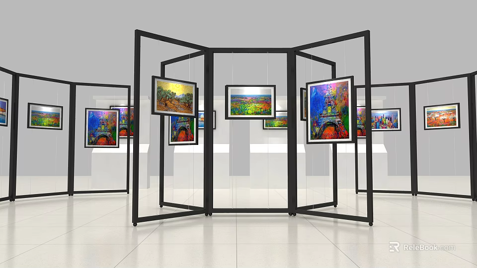 Interactive Exhibition Area With Vibrant Artworks On Black Frame Screens 3d model 