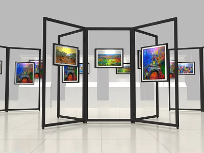 Interactive Exhibition Area With Vibrant Artworks On Black Frame Screens 3d model