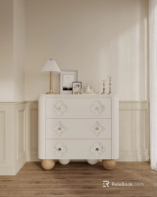 Elegant White Sideboard with Decorative Drawers Table Lamp Photo Frame Candlesticks in Beige Wall 3d model 