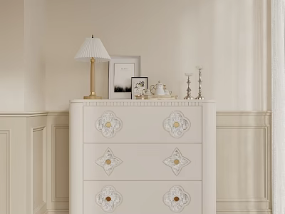 Elegant White Sideboard with Decorative Drawers Table Lamp Photo Frame Candlesticks in Beige Wall 3d model