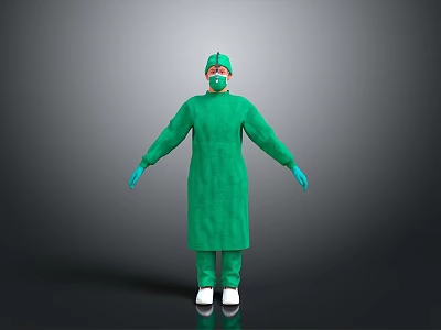 Individual in Full Green Protective Suit With Face Mask and Gloves Isolated on Dark Background 3d model