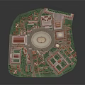 Modern Architectural Model Layout Featuring Central Circular Structure Red Roofed Buildings And Green Spaces