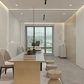 Minimalist Modern Office Interior With Wooden Elements Desk Pendant Light Stools And Tea Set