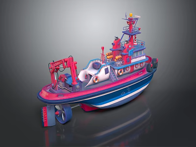 Detailed Wooden Boat Model With Red Blue Hull White Sections And Crane Lifebuoy 3d model