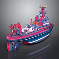 Detailed Wooden Boat Model With Red Blue Hull White Sections And Crane Lifebuoy