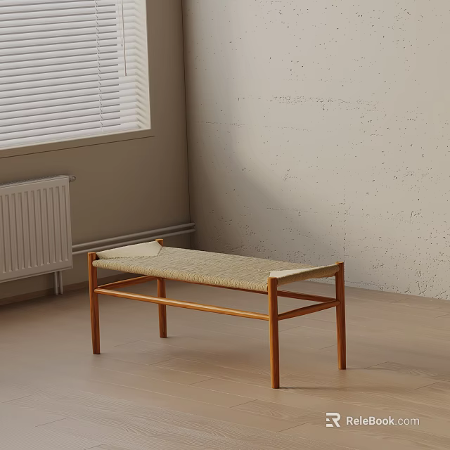 Minimalist Indoor Sofa Bench With Light Wooden Frame And Woven Beige Seat 3d model 