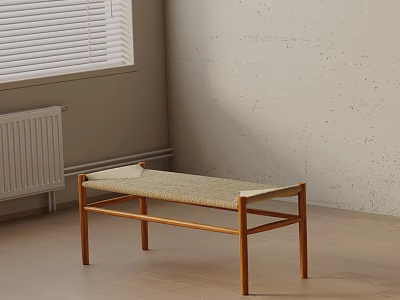 Minimalist Indoor Sofa Bench With Light Wooden Frame And Woven Beige Seat 3d model