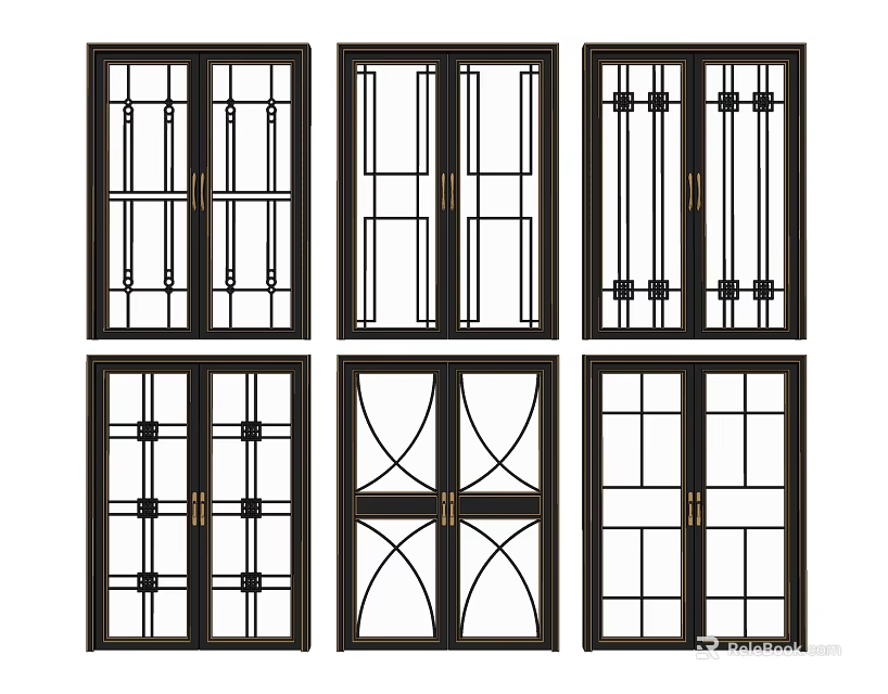 Sliding Doors with Various Design Styles Grid Patterns Black Frames and Golden Handles 3d model