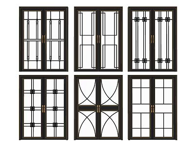 Sliding Doors with Various Design Styles Grid Patterns Black Frames and Golden Handles 3d model