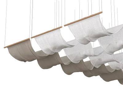 Modern Suspended Ceiling Drapery With Curved Fabric Panels And Wooden Rods 3d model