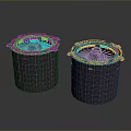 Stunning Night View Of Two Cylindrical Grid Structures With Blue Glowing Tops