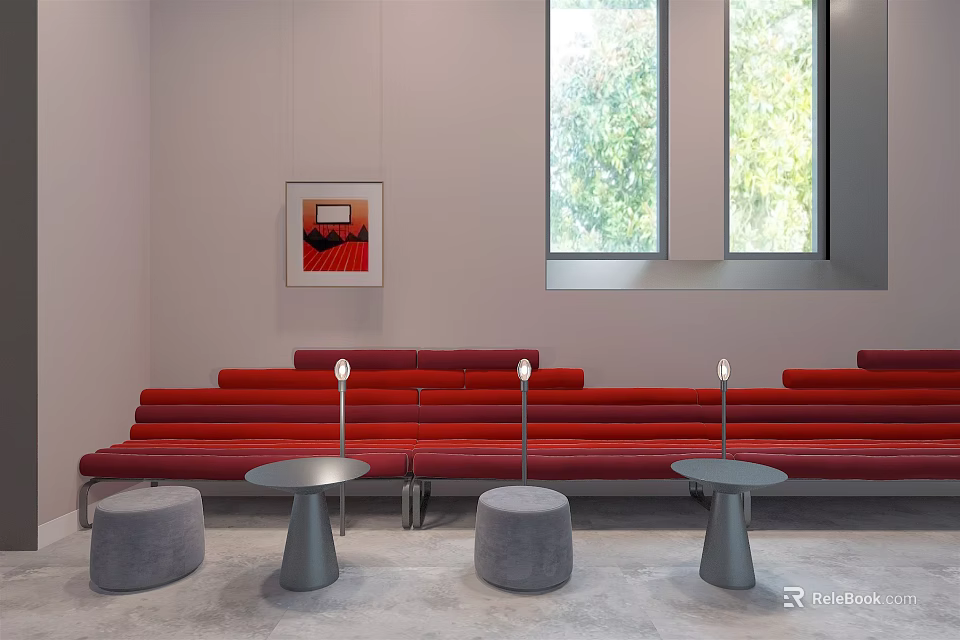 Red Public Chairs With Round Tables And Windows In Modern Indoor Space 3d model 