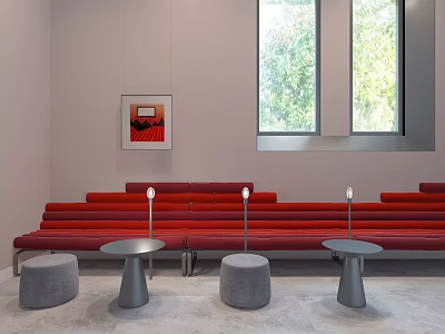 Red Public Chairs With Round Tables And Windows In Modern Indoor Space 3d model