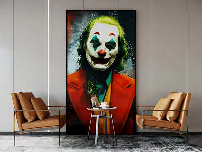 Joker Portrait Painting with Green Hair and Red Coat in Modern Interior with Brown Chairs 3d model