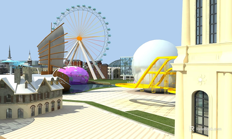 Amusement Park Featuring Ferris Wheel Yellow Slide White Spherical Buildings and Green Lawn 3d model 