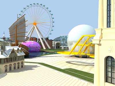Amusement Park Featuring Ferris Wheel Yellow Slide White Spherical Buildings and Green Lawn 3d model