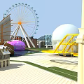 Amusement Park Featuring Ferris Wheel Yellow Slide White Spherical Buildings and Green Lawn