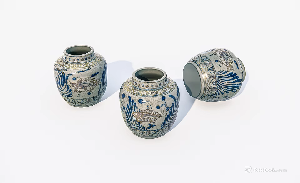 Set of Three Traditional Blue and White Ceramic Jars with Ornate Decorative Patterns 3d model 
