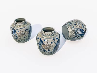 Set of Three Traditional Blue and White Ceramic Jars with Ornate Decorative Patterns 3d model