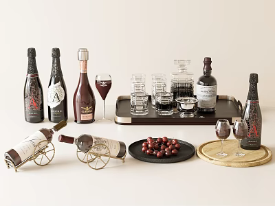 Wine Bottles And Glasses Arranged On Tray With Wine Rack And Grapes 3d model