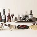 Wine Bottles And Glasses Arranged On Tray With Wine Rack And Grapes