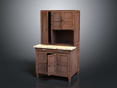 Vintage Wooden Storage Cabinet With Marble Top Open Shelf Upper Cabinets And Lower Drawers 3d model