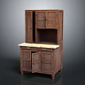 Vintage Wooden Storage Cabinet With Marble Top Open Shelf Upper Cabinets And Lower Drawers