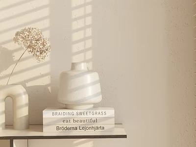 Decorative Ornament Set with White Vase Dried Flowers Stacked Books and Light Shadows 3d model