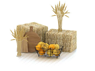 Rustic Autumn Decor Display With Hay Bales Wheat Stalks Wooden Cutting Board And Pumpkin Basket 3d model