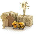 Rustic Autumn Decor Display With Hay Bales Wheat Stalks Wooden Cutting Board And Pumpkin Basket