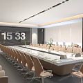Modern Conference Room With Long Conference Table Large Screen Digital Time Display And Chairs