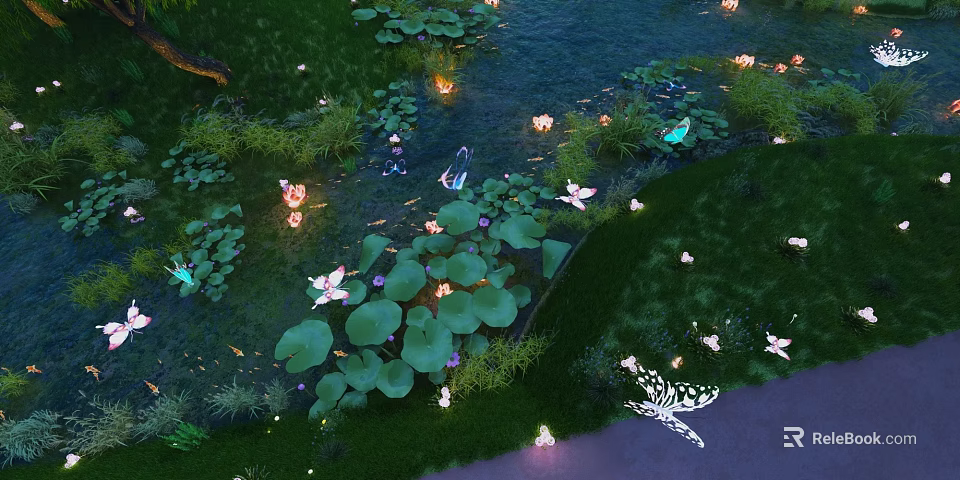 Serene Natural Night Pond Scenery With Green Lotus Leaves Glowing Floating Lanterns And Colorful Butterflies 3d model 