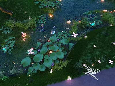 Serene Natural Night Pond Scenery With Green Lotus Leaves Glowing Floating Lanterns And Colorful Butterflies 3d model