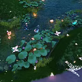 Serene Natural Night Pond Scenery With Green Lotus Leaves Glowing Floating Lanterns And Colorful Butterflies