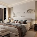 Modern Bedroom Interior Design With Landscape Painting Wall Bed Nightstands And Built in Wardrobe