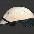 White Bicycle Helmet Featuring Pink Cherry Blossom Patterns And Dark Blue Strap 3d model