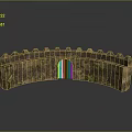Arc Stone Wall Structure with Crenellated Top Metal Gate and Green Vegetation