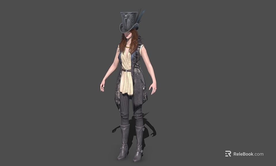 Stylish Game and Movie Character With Tall Feathered Hat Vest Striped Pants and Boots 3d model 